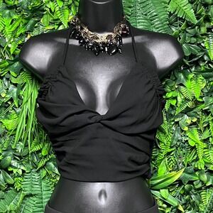Zara Top Size M Black Ruched Twist Front Halter‎ Crop Blouse 3549